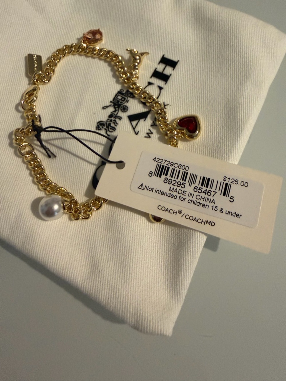 Viral Coach Gold Charm Bracelet with Red Heart and Pearl Charms - Picture 3 of 4